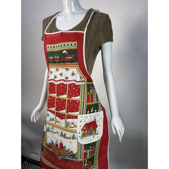 Vintage Christmas Apron With Festive Design & Merry Christmas Text - Picture 9 of 15